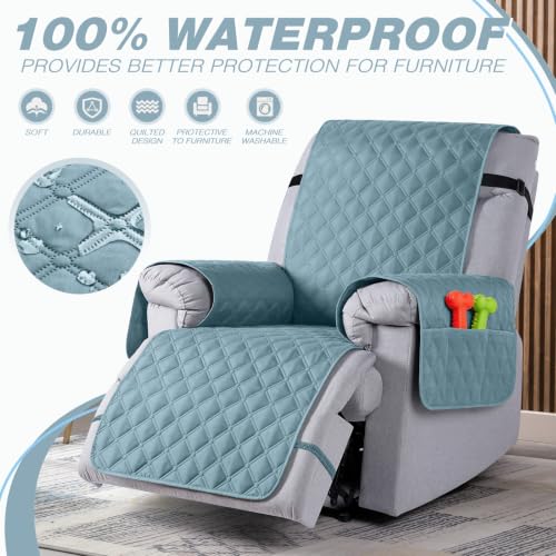 Image of TAOCOCO 100% Waterproof Recliner Chair Covers Reversible 22 inch, Sky Blue | Recliner Protector with Leg Straps, Washable 1 Seat Reclining Chair Slipcover with Storage Pocket for Pets & Kids