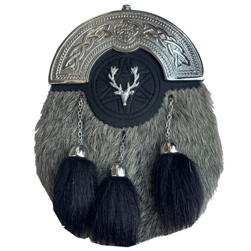 Grey Fur Black Tassels Thistle Badge Celtic Cantle Sporran with Leather Straps & Chains Attachment Real Grey Fur Full Dress Sporran for Kilt Outfit