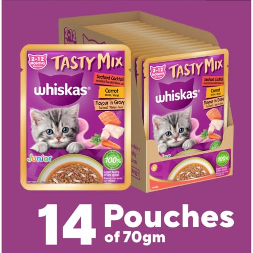 Image of Whiskas Tasty Mix Kitten (2-12 Months) Wet Cat Food, Seafood Cocktail Carrot Flavour in Gravy, 70 g x 14, 100% Complete & Balanced Nutrition for Kittens