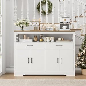 HOSTACK 47" Modern Farmhouse Sideboard Buffet Cabinet, Wood Buffet Storage Cabinet with Drawers & Shelves, Large Coffee Bar Cabinet with Storage, Microwave Stand for Kitchen, Dining Room, White Brown HOSTACK 47 Modern Farmhouse Sideboard Buffet Cabinet Wood Buffet Storage Cabinet with Drawers Shelves Large Coffee Bar Cabinet with Storage Microwave Stand for Kitchen Dining Room White Brown