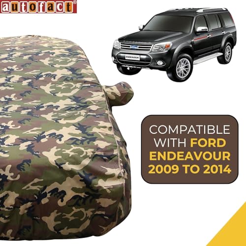 Image of Autofact 100% Waterproof Car Body Cover Compatible with Ford Endeavour Old (2009 to 2014), with Mirror Pockets, 4 x 4 American Matty, Long Lasting Durable Material, Camouflage Army Look