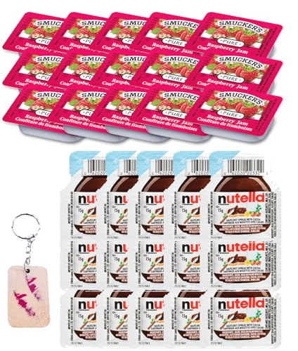 Breakfast Duo of Raspberry Jam and Hazelnut Spread Goodness – 15 Smuckers Raspberry Jelly and 15 Hazelnut Spread Packets (15g) , On-The-Go Portion Control Pack for Travelers & Meal Prep 30 individual Portions Total – Comes with a one of a kind sticker by PaLiSoL CREATiONS and wooden knives! – Hazelnut Spread et Fraise