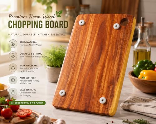 Image of Pure Neem Wood Chopping Board | Natural Anti-Bacterial Wooden Cutting Board for Kitchen | Knife Friendly, Durable & Eco-Friendly Board for Vegetables (Juice Groove Solid Chopping Board)
