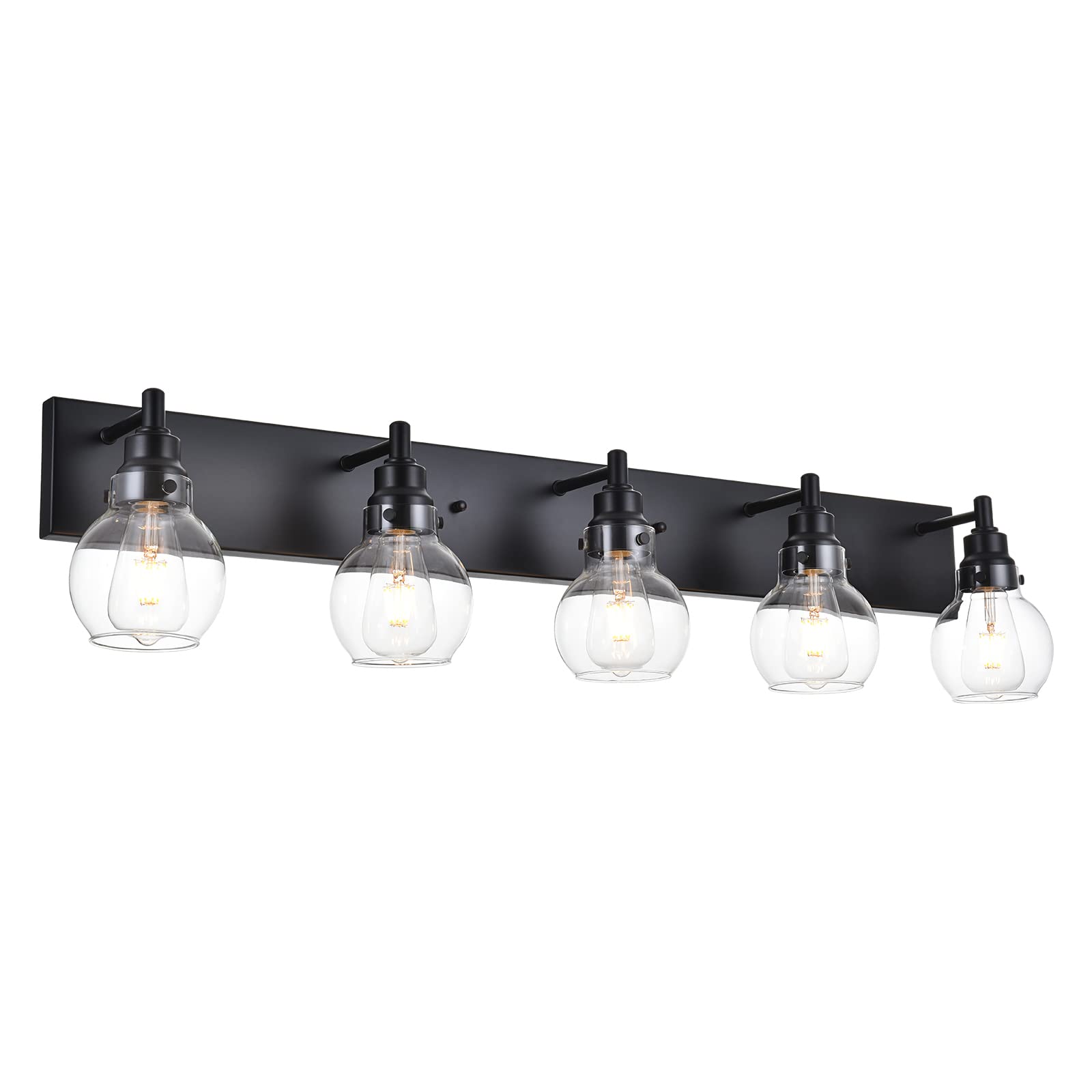 WULLUX 41 Inches Bathroom Vanity Light Fixtures Over Mirror Modern Black Vanity Lights Industrial Wall Mount Light Globe Clear Glass for House Home Room Decor, 5-Light