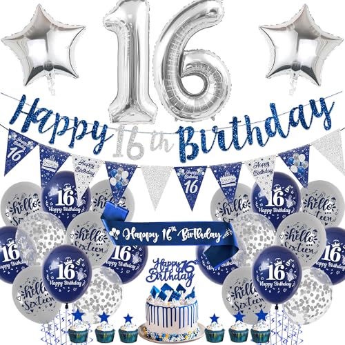 Décoration de gâteau d'anniversaire garçon 16 ans kit bleu argent
