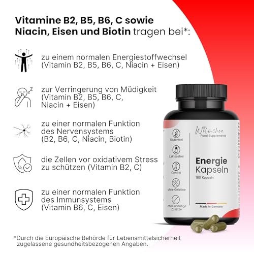 18 Wirkstoffe Energiekapseln für Energie & Fokus - mild dosiert: 34 mg Koffein + B-Vitamine - ideal bei Müdigkeit & für koffeinsensible Personen - Vegan - 180 Kapseln - 3 Monate