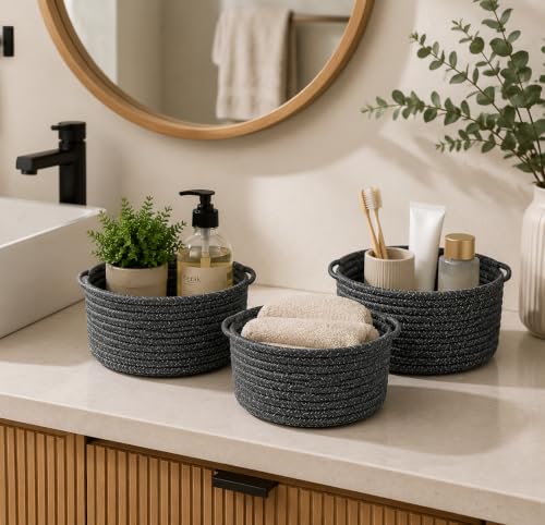 Image of Small Woven Cotton Rope Baskets with Handle, Set of 3, Grey | Boho Round Design, Bathroom Organizer, Safe for Kids & Pets, Chemical-Free Cotton, Multi-Room Storage