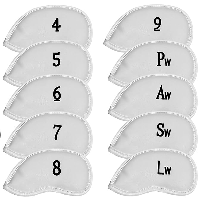 All Teed Up Premium Magnetic Leather Iron and Wedge Golf Club Head Covers | Set of 10 | Fits Most Clubs | Embroidered Club Label on Both Sides of Club
