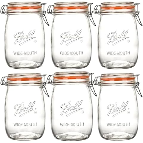 Anwoi Wide Mouth Mason Jars with Airtight Lid 6 Pack 32oz, Kitchen Canning Jar Storage Large Clear Canister Jars with Hinged Lid with Measurement Marks Glass Mason Jars For Canning,Coffee,Sugar,Beans Cover