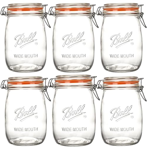 Anwoi Wide Mouth Mason Jars with Airtight Lid 6 Pack 32oz, Kitchen Canning Jar Storage Large Clear Canister Jars with Hinged Lid with Measurement Marks Glass Mason Jars For Canning,Coffee,Sugar,Beans