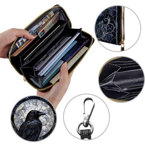 Image of Women's Wallets Credit Card Holder Money Leather Long Wallet | Long wallet with Wristlet,Large Capacity with Zip-Around Phone Purse for Women Ladies Girls,Crow Moon