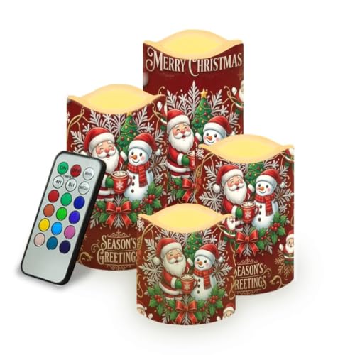 Image of Santa Christmas Color Changing Flameless LED Candles Set of 4 | Snowman Xmas Battery Operated Fake Candles, with Remote Control, Flickering Flame for Home Holiday Party Centerpiece Decor