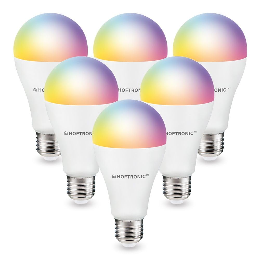 HOFTRONIC - 6er Smart E27 Lampe - Farbig RGBWW - WiFi und Bluetooth - 14 Watt 1400 Lumen - Dimmbar via App, Sprache via Google Home, Alexa und Siri