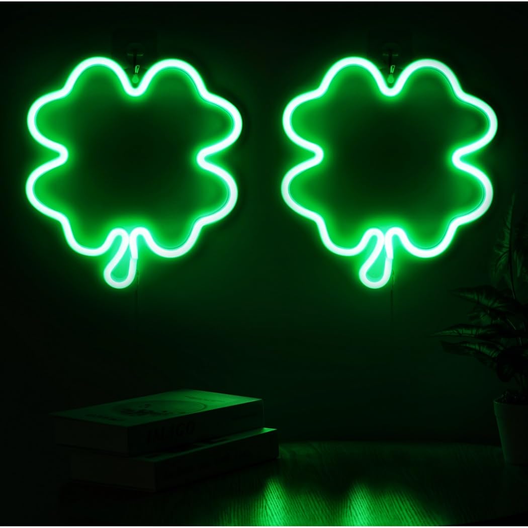Neonowe lampki LED z czterolistną koniczyną, dekoracja ścienna, zasilanie bateryjne lub USB, zielone światło na Dzień Świętego Patryka, wisząca koniczyna, do użytku domowego i na imprezę, 2 sztuki