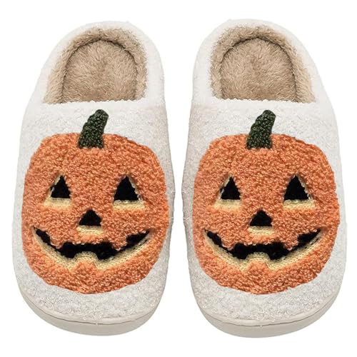 Image of Halloween Pumpkin Slippers for Womens Mens Plush Warm Spooky Lantern Pumpkin Slippers House Shoes