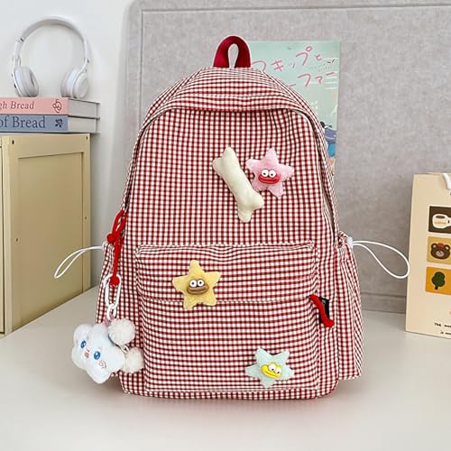 School Backpack for Girls Cute Checkered Backpack for Teen Kids Elementary Middle Bookbags with Y2K Star Decoration (Red)2