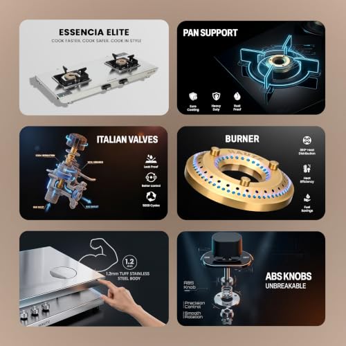 Image of Haute Essencia Elite series 2 Burner Manual Gas Stove | 1.2 MM Stainless Steel body 5 year warranty| Door Step service | 2 year product Warranty by Haute Home