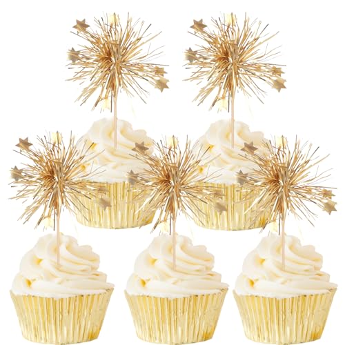 Gleevio 40 Stück Happy Birthday Tortendeko Gold Feuerwerk Cupcake Topper,Glitzer Tortendeko Geburtstag,Feuerwerk Muffin Deko,Happy Birthday Kuchen Deko für Hochzeit Taufe Neujahr Weihnachten