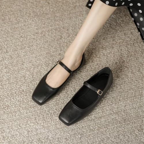 Stunner Women's Mary Jane Flats Fashion Square Toe Soft Ballet Flats Comfort Leather Office Driving Flat Shoes Black 38(7) 23