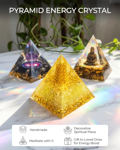 Image of Healing Crystals Orgone Pyramid (Hexagram - Star of David) - Energy Generator for Positive Vibe, Stress Relief & Chakra Reiki Meditation - Spiritual Gift for Success, Wealth & Prosperity (Golden)