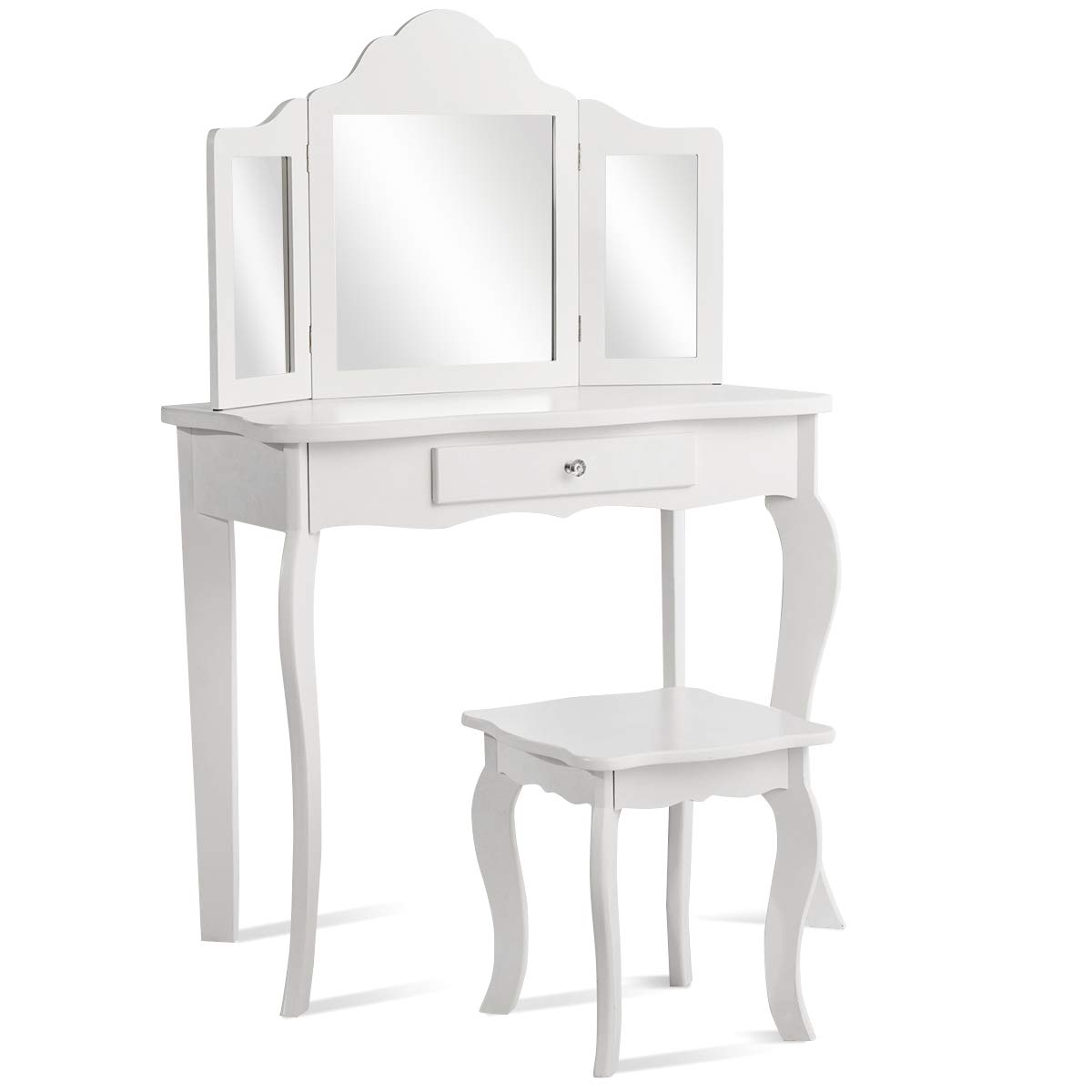 COSTWAY Tocador con Taburete y Espejo para Niña de MDF y Madera Mesa de Maquillaje con Cajón 70x34x103 centímetros (Blanco)