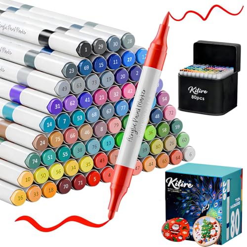 Kitire Acrylstifte 80 Farben, Acrylstifte für Steine Wasserfest, Dual Tip Acrylic Marker mit Doppelspitze für Stein Bemalen, Glas, Papier, Holz, Eier, Leinwand, Keramik, Stoff, DIY-Basteln