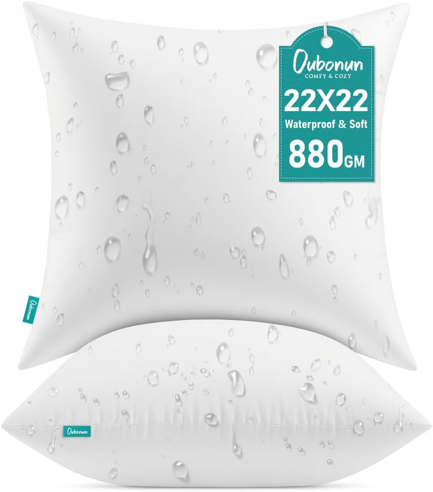 Oubonun 22x22 Waterproof Outdoor Pillow Inserts – Set of 2 Firm & Fluffy, Water Resistant Throw Pillows for Patio, Garden, Porch, or Indoor Decorative