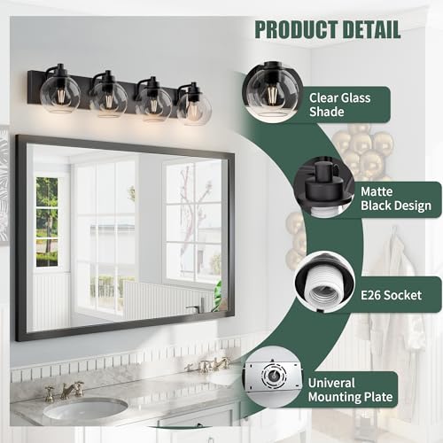 Image of Bathroom Light Fixtures-Matte Black Vanity Lights for Bathroom, Modern Black Vanity Lights 4-Light Bathrooms Lighting Fixtures Over Mirror with Clear Glass Shade