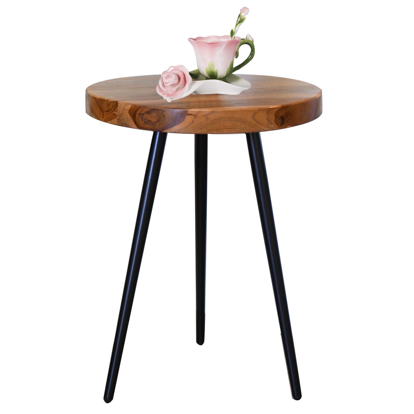 Teak Side Table for Living Room, Solid Wood End Table for Home Decor, Round Tabletop with Metal Legs, Indoor Sofa Table