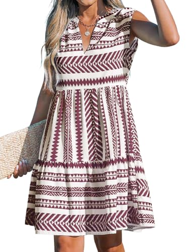 Image of CUPSHE Women's Ruffle Beach Mini Dress Split V Neck A Line Sleeveless Geometric Stripe Tropical Leaf Pattern Summer Dresses