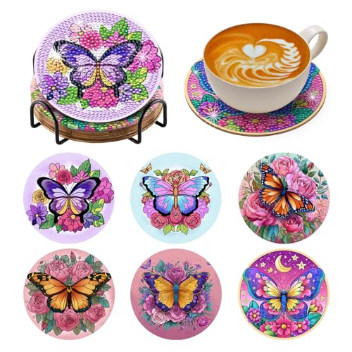BNG Juego de 6 posavasos de pintura de diamantes de mariposa con soporte, 6 posavasos para adultos, kits de pintura artística para mujeres, principiantes, suministros de manualidades de diamantes