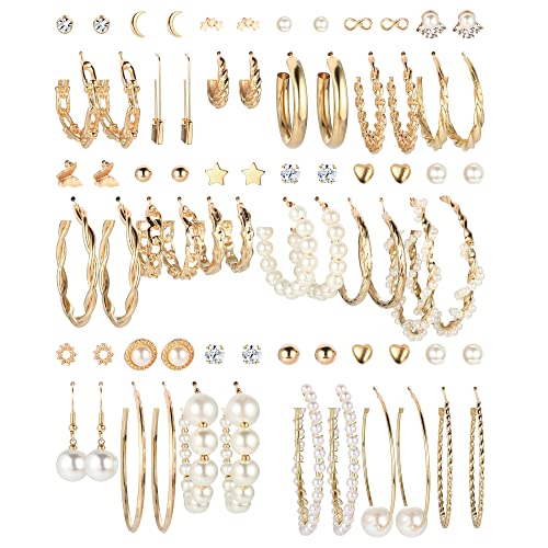 CASSIECA 36 Paar Gold Perlen, Legierung, Ohrringe Set für Damen Mädchen Mode Kettenglied Ohrstecker Tropfen, Boho Statement Acryl Creolen Hypoallergen Geburtstagsfeier Schmuck Geschenk