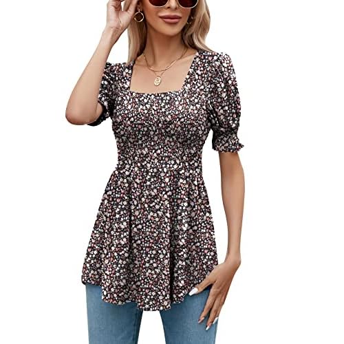LOMON Women's Tunics Square Neck Puff Short Sleeve Smocked Top Ladies Peplum Blouse Tee Shirts 2025 Spring Summer S-XL Black & Pink Floral Short Sleeve Shirts Small