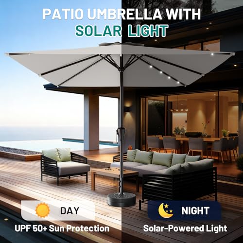 Image of AreShark 8' X 10' Rectangular Patio Umbrella with Solar Lights, Lighted Solar Umbrella with Crank, Outdoor Table Umbrella for Garden, Deck, Backyard, Pool and Beach, Light Gray