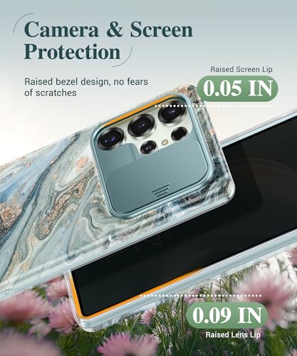 Image of GVIEWIN for Samsung Galaxy S25 Ultra Case, [Slide Camera Cover & Built-in Anti-Spy Privacy Screen Protector] [2 Front Frames] Shockproof Military Grade Marble Phone Case for S25 Ultra 6.9 inch(Ocean Tide)
