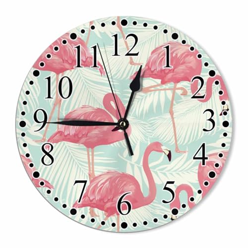 KEEPSUPER Clock Flamingo and Palm Leaf Wall Clock 10 Inch Battery Operated Clock Silent Non-Ticking...