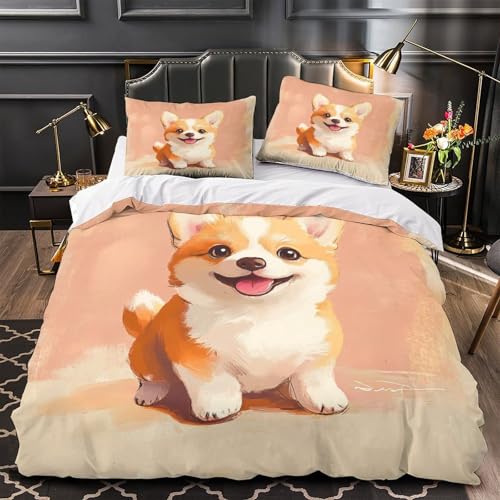 Parure housse de couette chiot Corgi 3D microfibre lit single taies d'oreiller