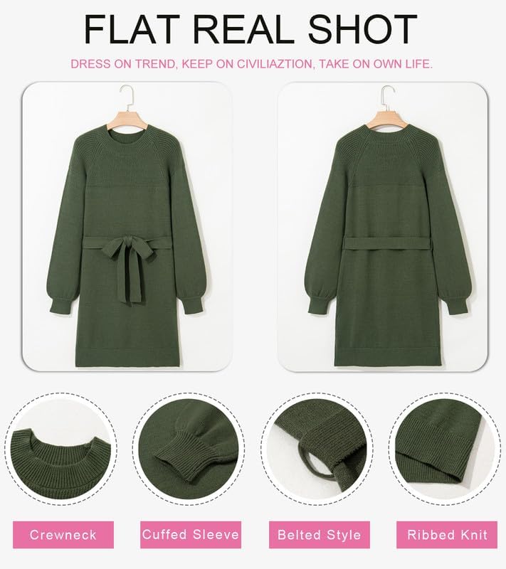 Dokotoo Womens 2025 Fall Sweater Dress Crewneck Long Sleeve Empire Waist Ribbed Knit Mini Dress with Belt - Image 4