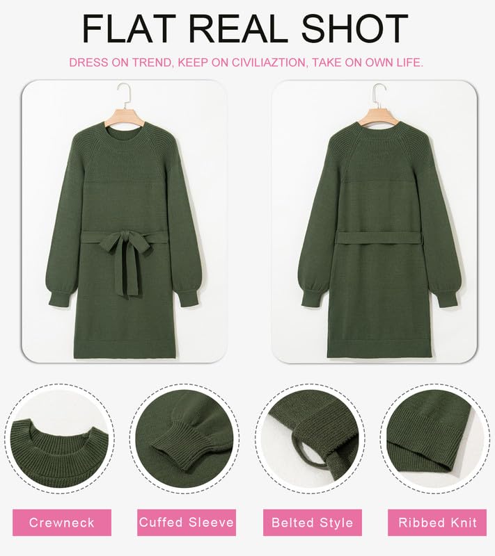 Dokotoo Womens 2025 Fall Sweater Dress Crewneck Long Sleeve Empire Waist Ribbed Knit Mini Dress with Belt4
