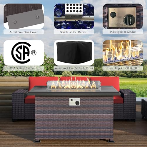 Image of 13 PCS Outdoor Patio Furniture Set,Outdoor Sectional Furniture with 43 inch 55000 BTU Gas Propane Fire Pit Table,All Weather PE Rattan Wicker Patio Conversation Set,Red