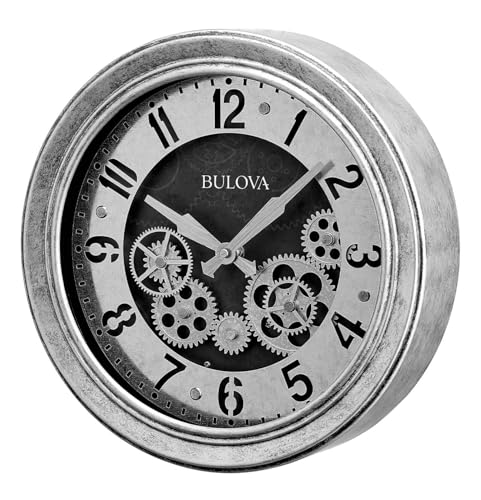 Bulova The Industrial Wall Clock C4339 | 13" Diameter | Open Gear Design | Antique Silver Finish | Quartz Movement2
