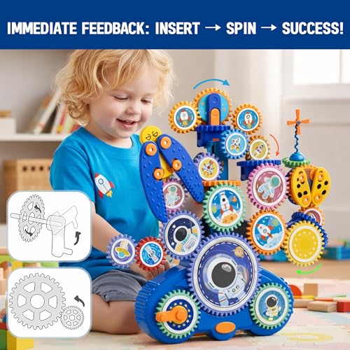 Image of Motorized Spinning Gear Building Toys for Kids, Space Rocket STEM Construction Set, Educational Interlocking Building Blocks Puzzle | Gear Toys for Toddlers Ages 3-8