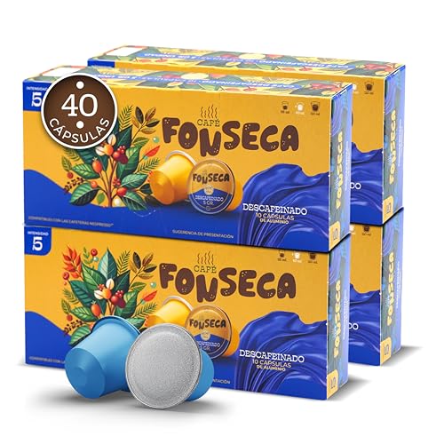 FONSECA Cápsulas Café Descafeinado Compatibles con Nespresso, Pack de 40 Cápsulas Nespresso de Café 100% Robusto con Matiz de Frutos Secos, Tueste Medio, Intensidad 5 Producido en Portugal