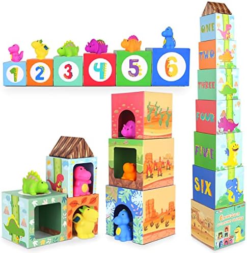 DINORUN Toddlers Dinosaur Sorting and Stacking Toys Blocks for 1-3 Kids Preschool Learning, Numbers Alphabet Animals Nesting Boxes Montessori Toys for 1 2 3 Year Old Baby Boys Girls