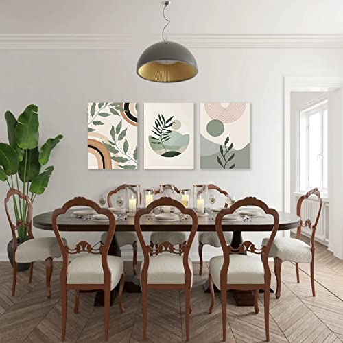 Image of Sage Green Boho Wall Art Set of 3, Boho Room Decor, Mid-Century Modern Wall Art Prints, Framed Neutral Geometric Canvas Prints Green Wall Art Sun Rainbow Leaf Mountain Minimalist Artwork 12 inch X 16 inch for Bathroom Bedroom Living Room Boho Wall Decor