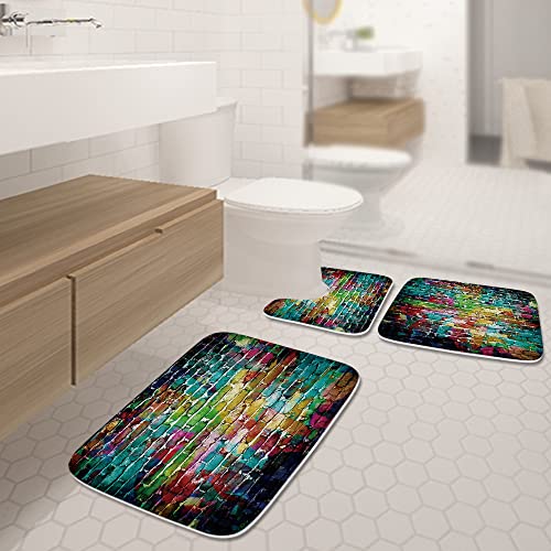 Kntiline Bunte Ziegelwand-Badezimmerteppiche und Hip-Hop-Graffiti-Matten-Set, 3-teilig, Samt-Memory-Schaum, Regenbogen… – Bild 3