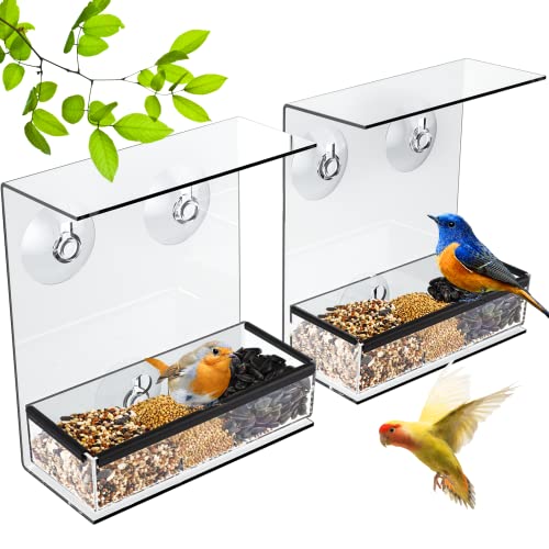 Redboat 2 Pack Bird Feeder Window, Small Window Bird Feeders With Strong Suction Cups, Clear Bird House With 3 Compartment Removable Tray For Outside Wild Birds #TOP4