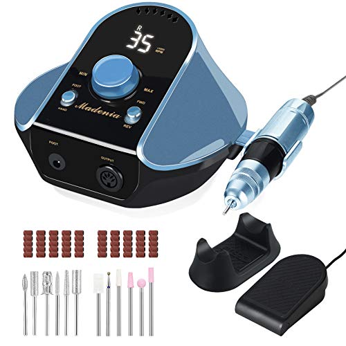 Madenia Professional Electric Nail Drill for Acrylic Gel Nails, 35000RPM Powerful Electric Nail File Machine with Foot Pedal, LCD Screen, 12 Nail Drill Bits, 62 Sanding Bands, 100-120V, Navy Blue