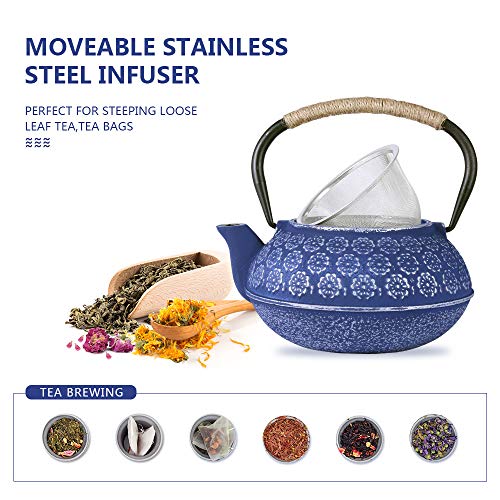 Image of Ufine Blue Floral Cast Iron Japanese Style Teapot Set Tetsubin Tea Brewing Kettle with 4 Cups, Stainless Steel Infuser for Stove Top - 26 oz