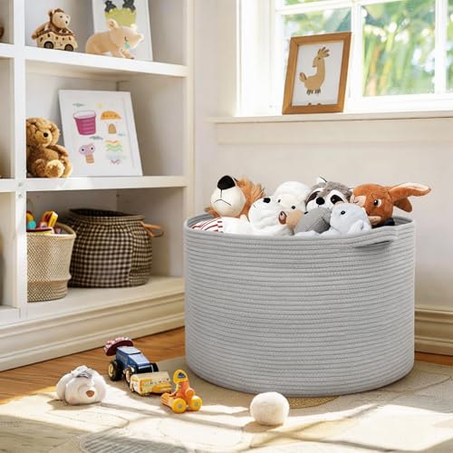 Image of MEGASKET 115L Super Large Gray Blanket Basket, 23.6 inchx15.7 inch Woven Cotton Rope Storage Basket for Laundry, Towel, Pillow, Oversized Kids Dog Toy Storage Bin, Grey XXXL Blanket Holder for Living Room